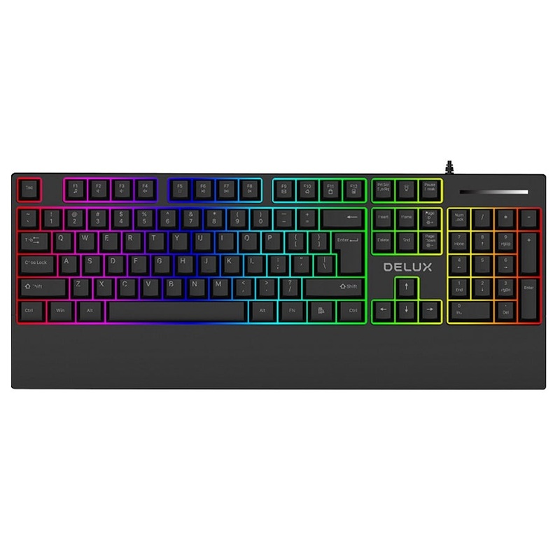 Delux K9852U 104 Key USB Wired Membrane Keyboard with RGB Backlighting and Integrated Wrist Pad for PC and Laptop Computers