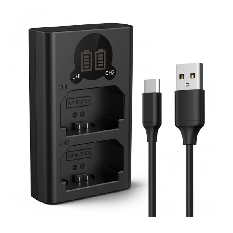 K&F Concept NP-FZ100 Dual Battery Charger with LCD Screen Indicator and USB A to Type C Charging Cable for Sony Alpha A7 III, A7R III, A7R IV, A9, A6600, Alpha A9 II, etc. Digital Camera Photography