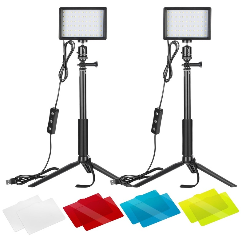 Neewer ZC-10S 2 Pack Tabletop 5600K LED Video Light Kit with Dimmable USB LED Video Lighting, Color Filters, and Tripod Stand for Vlog, Photography, Studio, Live Streaming