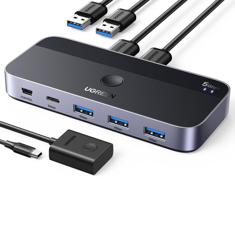 UGREEN 2 In, 4 Out USB 3.0 Peripheral Switch Hub with Cross Device File Sharing Transfer, Support for Keyboard and Mouse Inputs and Other USB-C Devices, and Included Wired Remote Control for Up to 2 PC and Laptop Computers | 15705