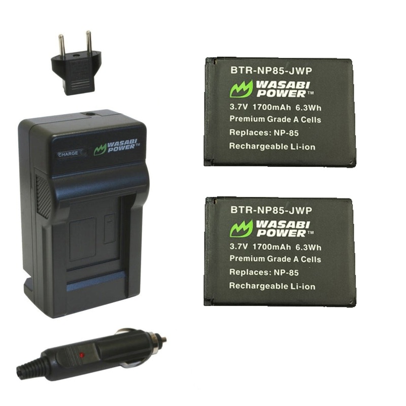 Wasabi Power 2-Pack FUJIFILM NP-85 Battery and Charger with Built-In Fold Out US Plug, Car Charger and Euro Plug Adapter for FUJI FinePix S1 SL240 SL260 SL280 SL300 SL305 SL1000 Digital Camera | KIT-BTR-NP85-LCH-NP85