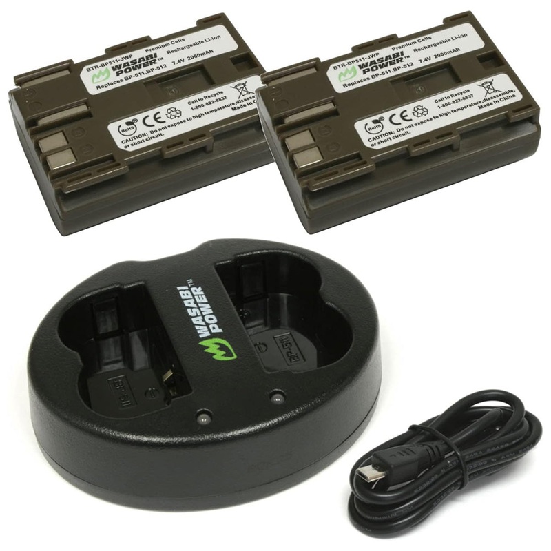 Wasabi Power BP-511 BP511 (2 Pack) 7.4V 2000mAh Battery and Dual USB Charger Kit with Power Indicators for Canon EOS 5D, EOS 10D, FV2, FV10, FV20, Optura 10 20 50MC, PowerShot G1 G2 G3, PV130, ZR10, ZR20, ZR25, ZR25MC Digital Camera