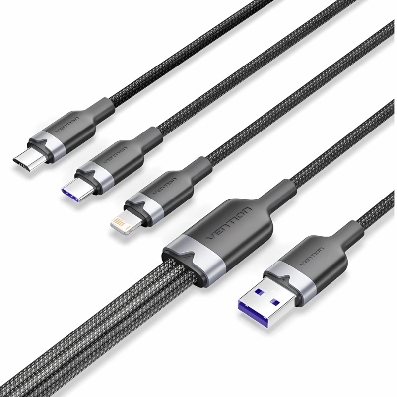 Vention 3-in-1 USB 2.0 1.5M Cable USB-C, Lightning, Micro-B, 6A Fast Charging, Aluminum Alloy for Phone, Tablet, Power bank – Available Colors