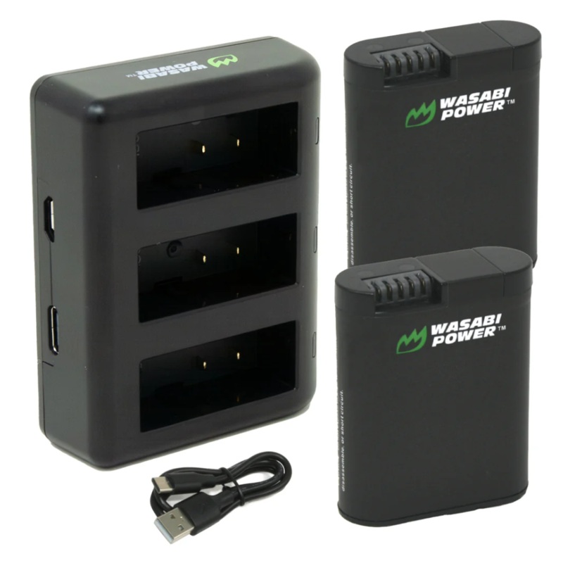 Wasabi Power (2 Pack) 3.85V 1900mAh Rechargeable Battery and Triple Bay Charger with LED Power Indicators, USB Micro and Type-C Ports for GoPro HERO 13 Black Action Camera