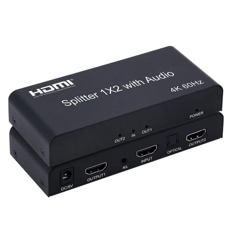 Argox HDMI Splitter 1×2 with Audio, 4K 60Hz, 1 DC/5V, 1 R/L, 1 Optical, 1 HDMI Input, & 2 HDMI Output with LED Indicator for TV Store, Teaching, Market Advertisement