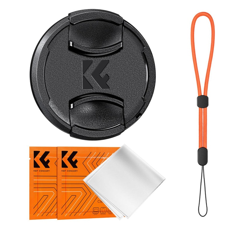 K&F Concept Snap-On Center Pinch Camera Lens Cap with Wrist Strap & Microfiber Cleaning Cloths for FUJIFILM Sony Canon Nikon Panasonic Lumix Olympus OM SYSTEM – Available in 49mm 52mm 55mm 58mm 62mm 67mm 72mm 77mm 82mm