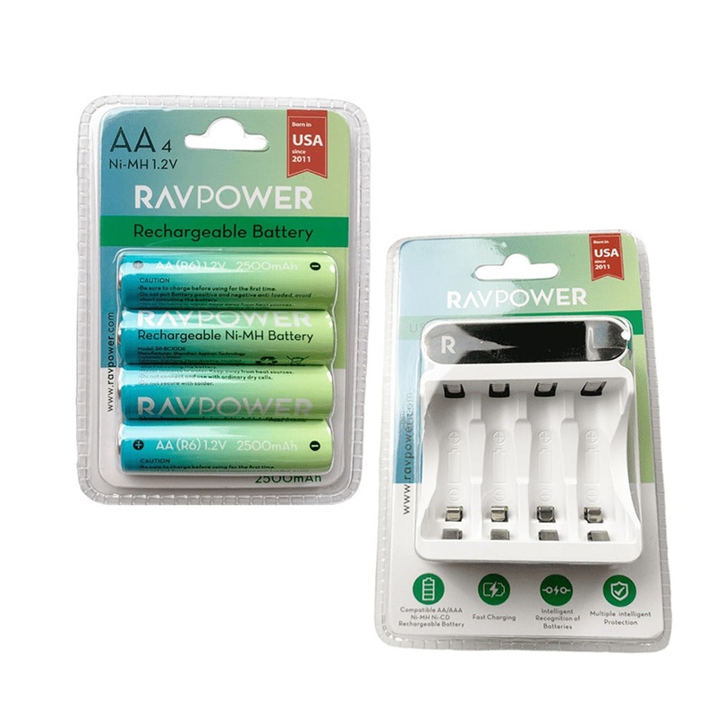 RAVPower 1.2V AA Ni-MH Rechargeable Battery 2500mAh (4pcs) and 4-Slot Charger with Micro USB & Type C Charging Ports for Cameras, Remote Controllers, Wall Clocks, Home Doorbells, Flash Lights, etc.