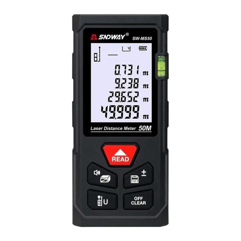 SNDWAY Digital Laser Distance Meter with 50 Meters Measurement Range, Laser Class II, +2mm Accuracy, LCD Backlight Display, 99 Units Data Storage, Multiple Measurement Unit and Function Options for Industrial & Home Improvements | SW-MS50