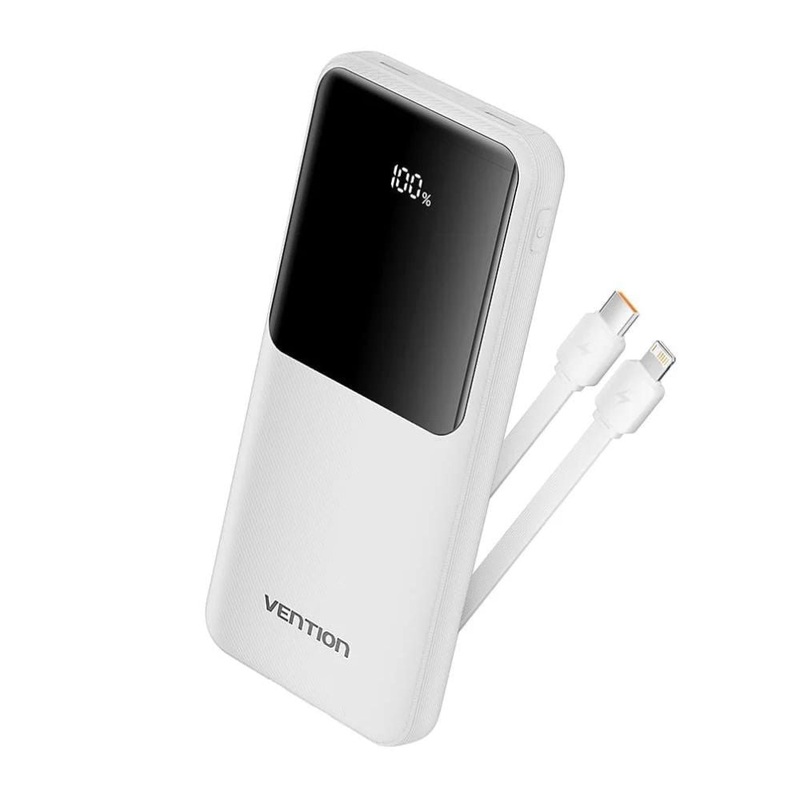 Vention 10000mAh 22.5W/PD 20W Fast Charge Power Bank with Built-In Type C & Lightning Charging Cable, 3-Port Output, Smart LED Digital Display for iPhone, iPad, Airpods, Android Smartphone, Tablet, Camera – White, Black
