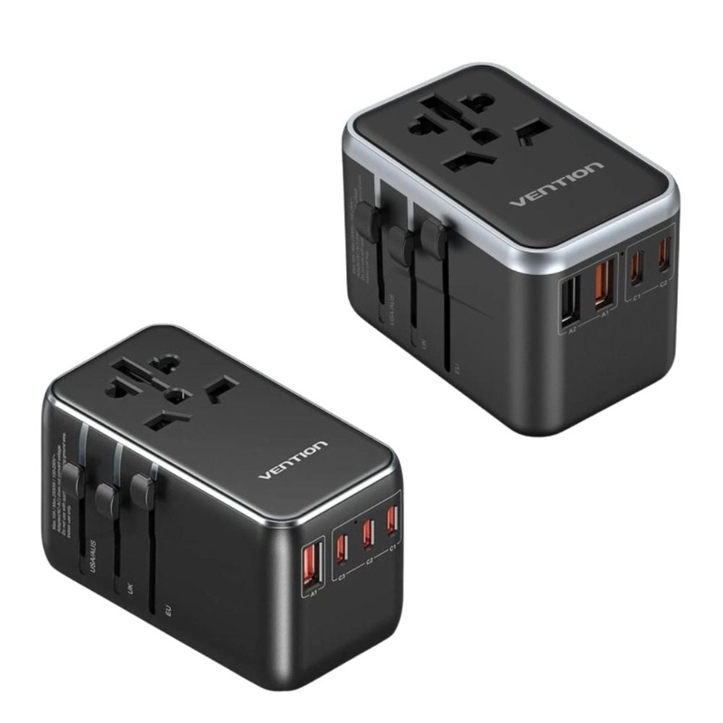 Vention 65W / 120W Multi-Port Universal Travel Adapter with GaN Fast Charging USB PD Ports, US/AU/UK/EU Male and Female Plugs for Smartphones, Tablet, Laptop etc.