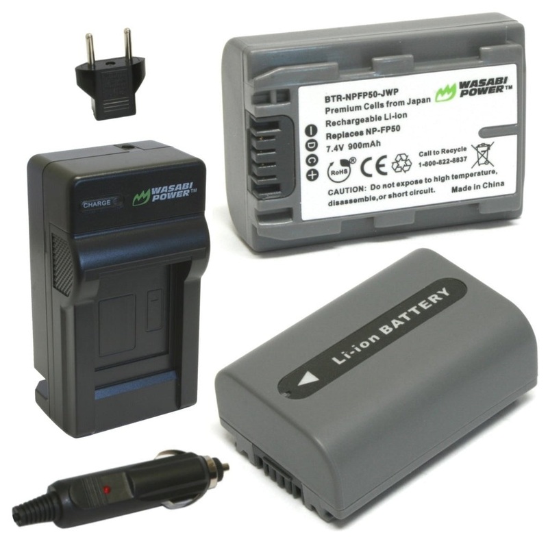 Wasabi Power NP-FP50 Batteries (900mAh) and Charger with Car Charging Cable and US to EU Plug Adapter for Select Sony Cameras – Battery Replaces SONY NPFP50