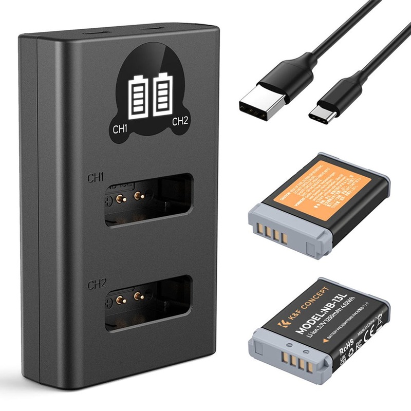 K&F Concept (2-PC) NB-13L Battery & Charger Kit – 1250mAh Batteries & Dual Charging Dock with Micro-USB/Type-C Input for Canon PowerShot G5 X Mark II, G7 X, SX740 HS, SX730 HS, G9 X Mark II, G1 X Mark III, SX720 HS, SX620 HS Camera | NB13L