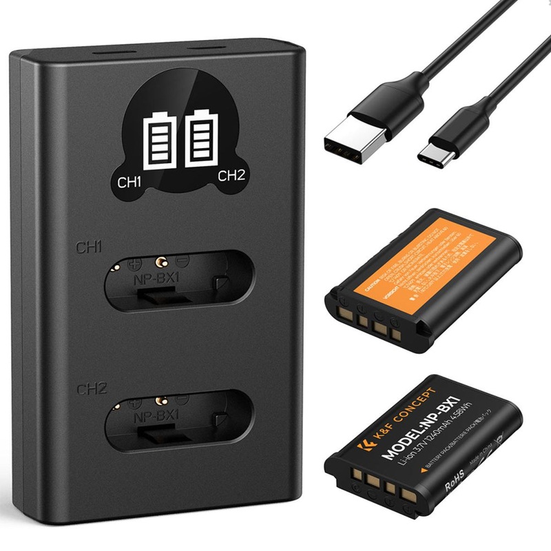 K&F Concept (2-PC) NP-BX1 Battery & Charger Kit – 1240mAh Batteries & Dual Charging Dock with Micro-USB/Type-C Input for Sony ZV-1M2, ZV-1F, ZV-1, RX100, RX1R II, RX1, HX99/95/80/60/50, HX400/350/300, WX800/700/500/350/300 Cameras | NPBX1