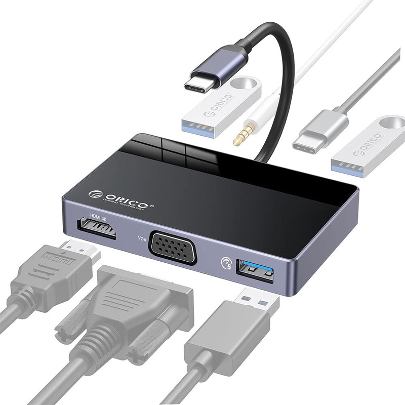 ORICO USB 3.0 Type C Hub Adapter with 100W PD Fast Charging, HDMI, VGA, SD/TF Card Reader & 3.5mm Audio Port for PCs, MacBook, Computer Desktops & Laptops (Windows, macOS, Linux) | USB Hub Extension Docking Station | ORICO-DM