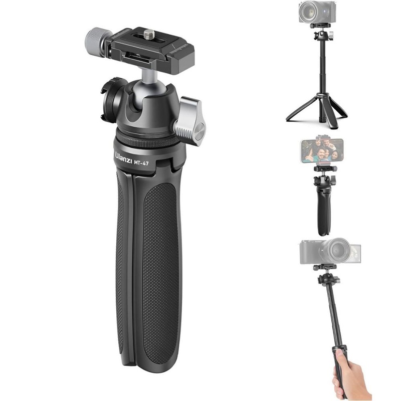 Ulanzi MT-47 Vlog Tripod Selfie Stick Camera Handle Aluminum Alloy with 90 Degree Vertical Tilt Ball Head, Max 14.6 / 2Kg Height and Load Capacity, Arca Type QR Plate and Rotating Cold Shoe Mount for Vlogging, Content Creation