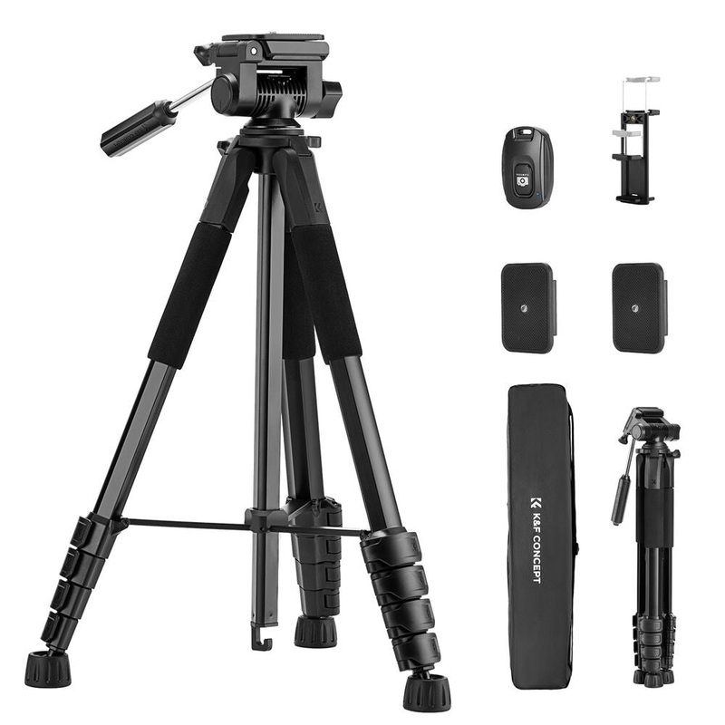 K&F Concept 173cm 3-Way Pan/Tilt Head Aluminum Tripod with 2-in-1 Tablet + Smartphone Holder & Bluetooth Remote, 360 Ball Head, Pentagonal Tube Design for Cameras, Studio Lighting, Photography, Vlogging & Live Streaming