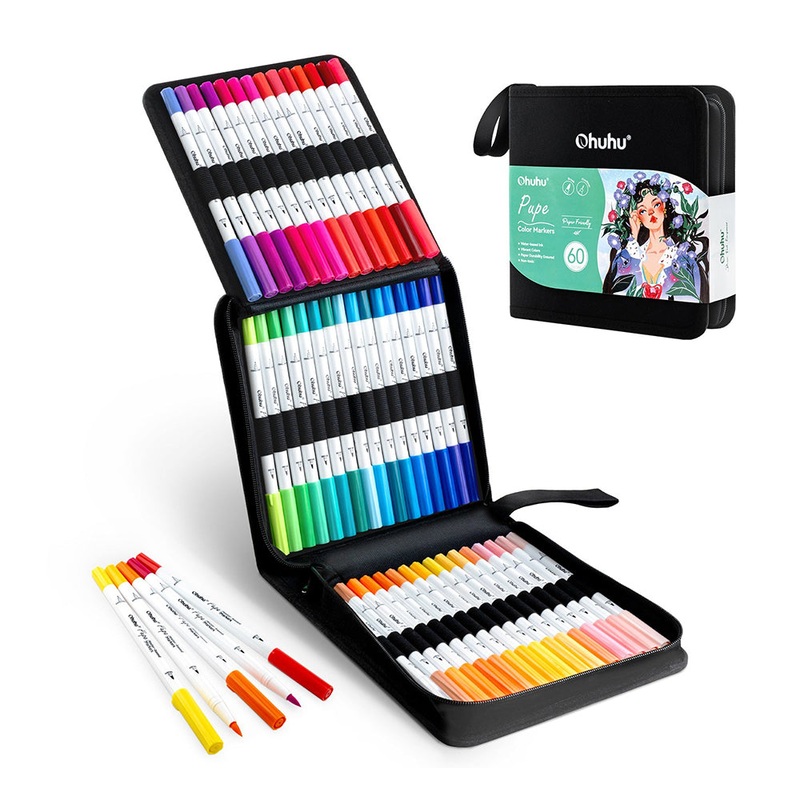 Ohuhu Pupe Paper-Friendly Water Based Ink 59 Vibrant Colors Brush & Fine Dual Tipped Coloring Art Markers + Pen Blender – Colored Maker Set for Kids & Adults Artworks Illustration Drawing Professional School Projects Supplies Stationery