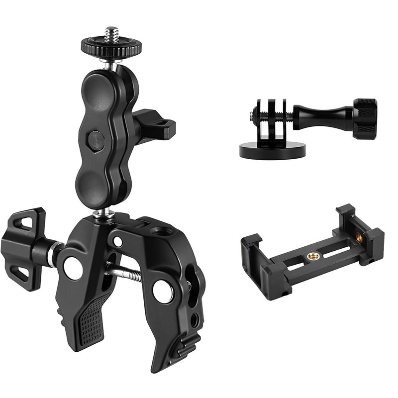 Pxel Aluminum Super Clamp Mount with 1/4 Screw Dual Ball Heads 360 Rotation, Mount Adapter & Phone Holder for LED Lights, Smartphones, DSLR, Action Camera to Motorcycle Bicycle Handlebar Tube and Camera Tripods | AA-SC