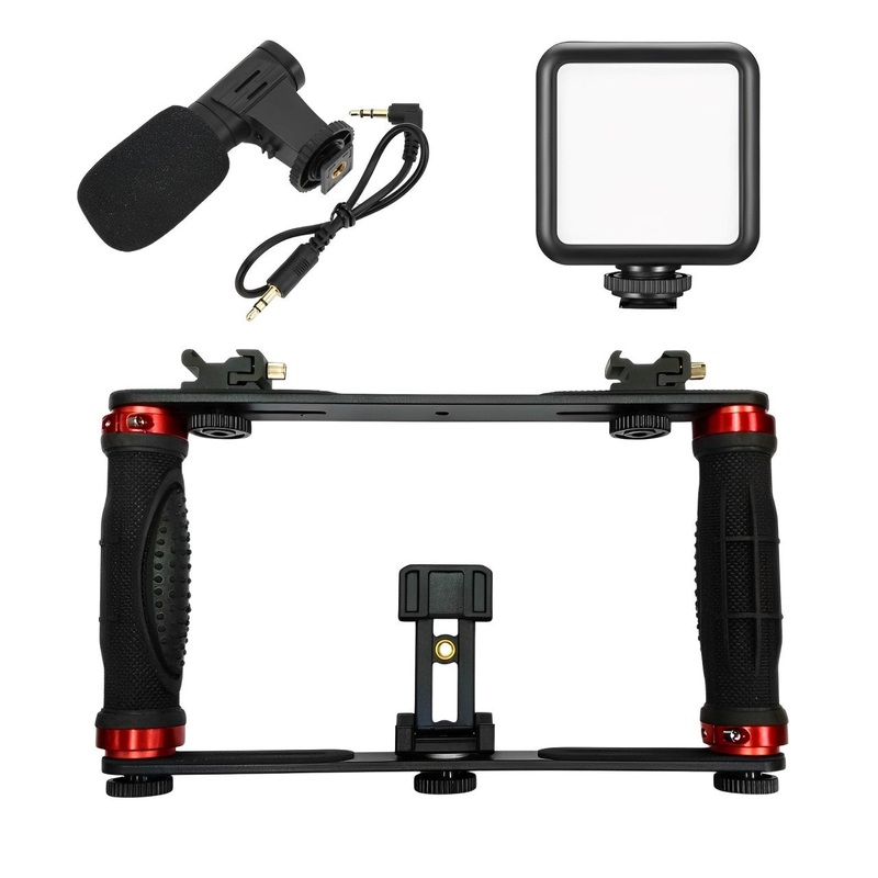 Pxel Handheld Video Kit Cage for Smartphone with Dual Arm Silicon & PVC, Phone Holder, Mini Microphone, Adjustable Mini LED Light, 1/4 Threading & Dual Adjustable Cold Shoe for Video Shoot and Vlogging | AA-VG1 | AA-VG2