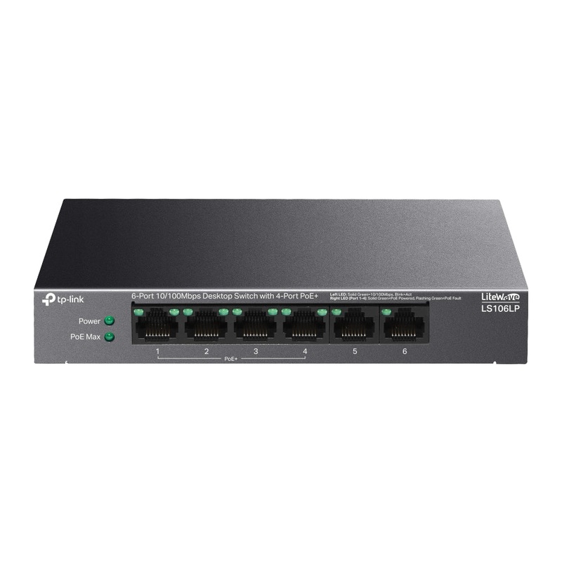 TP-Link LS106LP 6-Port 10/100Mbps Desktop Network Switch with 4-Port PoE+ (Unmanaged) with 41W PoE Budget, IP Surveillance & 250m Transmission for IP Security Cameras, Phones, Access Points & Network Video Recorders | TP LINK TPLINK