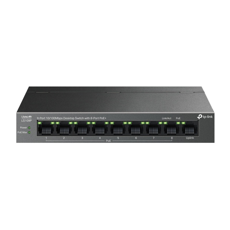 TP-Link LS109P 9-Port 10/100Mbps Desktop Network Switch with 8-Port PoE+ (Unmanaged) with 63W PoE Budget, IP Surveillance & 250m Transmission for IP Security Cameras, Phones, Access Points & Network Video Recorders | TP LINK TPLINK