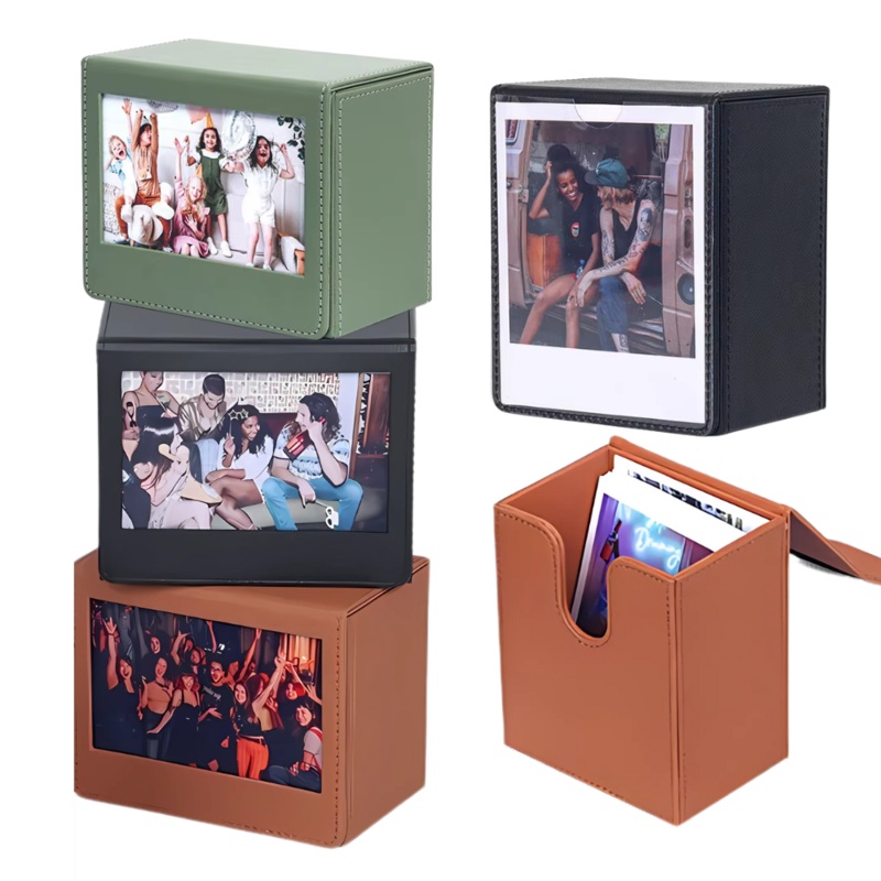 Pikxi PU Leather Photo Storage Pocket Box for FUJIFILM Instax Wide Films with Maximum 50 Slots Capacity & PVC Front Display | Black Brown Green