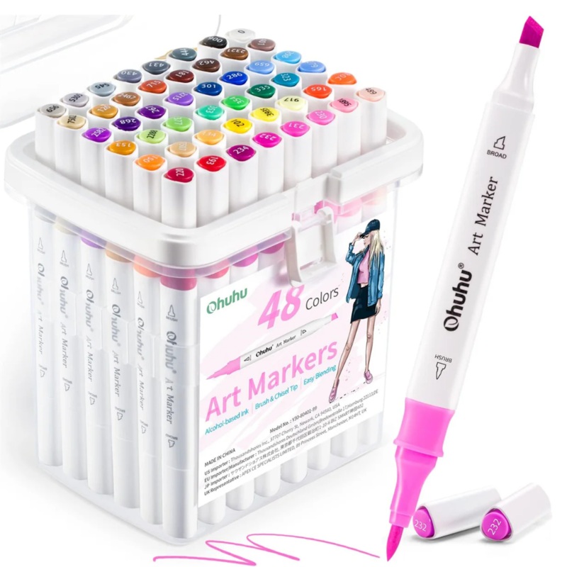 Ohuhu Alcohol Based 47 + 1 Vibrant Colors with Colorless Blender Dual Tip Fine and Chisel Art Marker Colored Pens for Stationary, Color Drawing, Arts & Crafts | Y30-80401-07